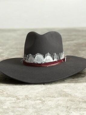 Black Felt Western Hat with White Fringe and Brown Band